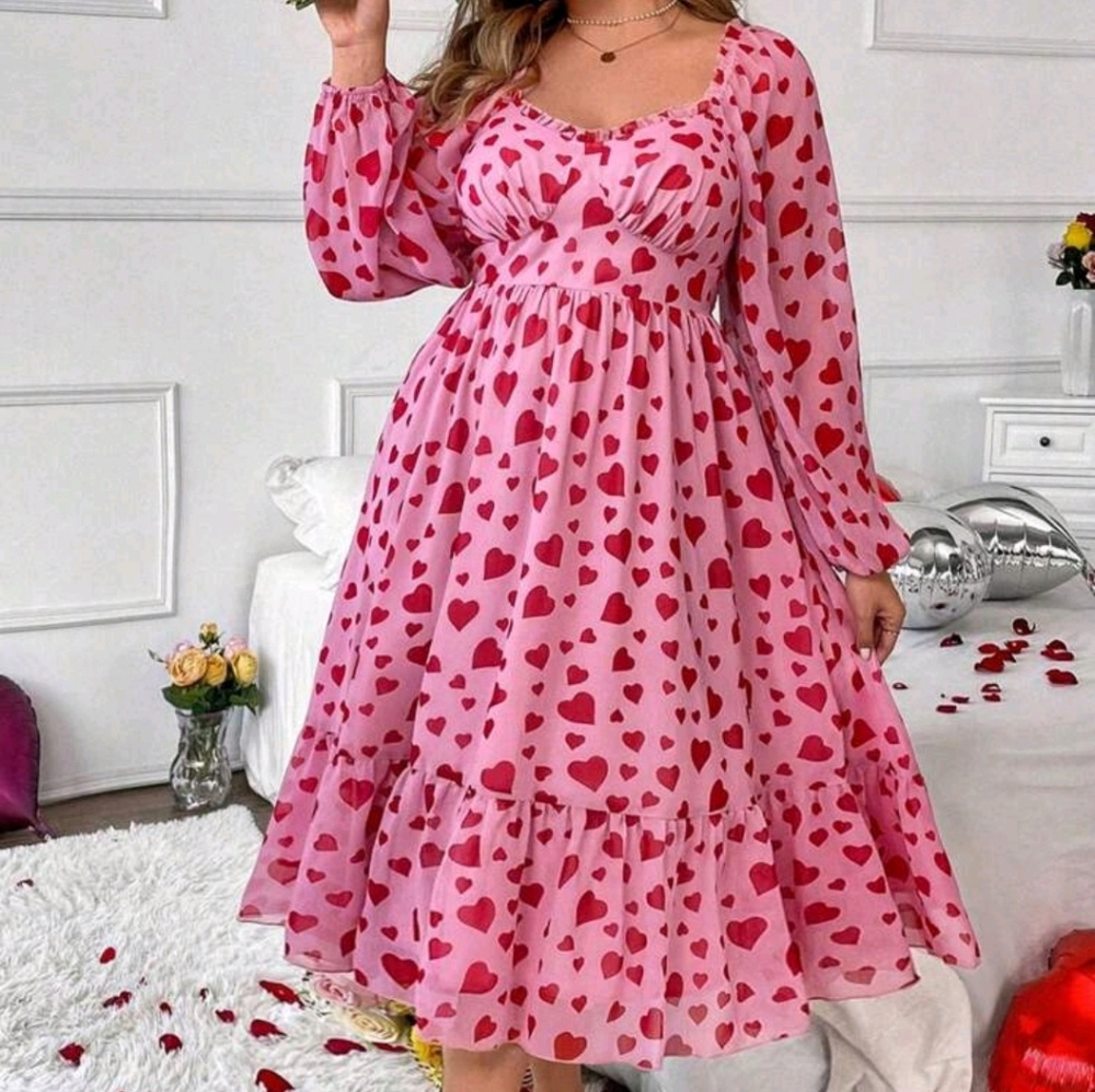 Plus Size Heart Pattern Sweetheart Neckline Dress Pink